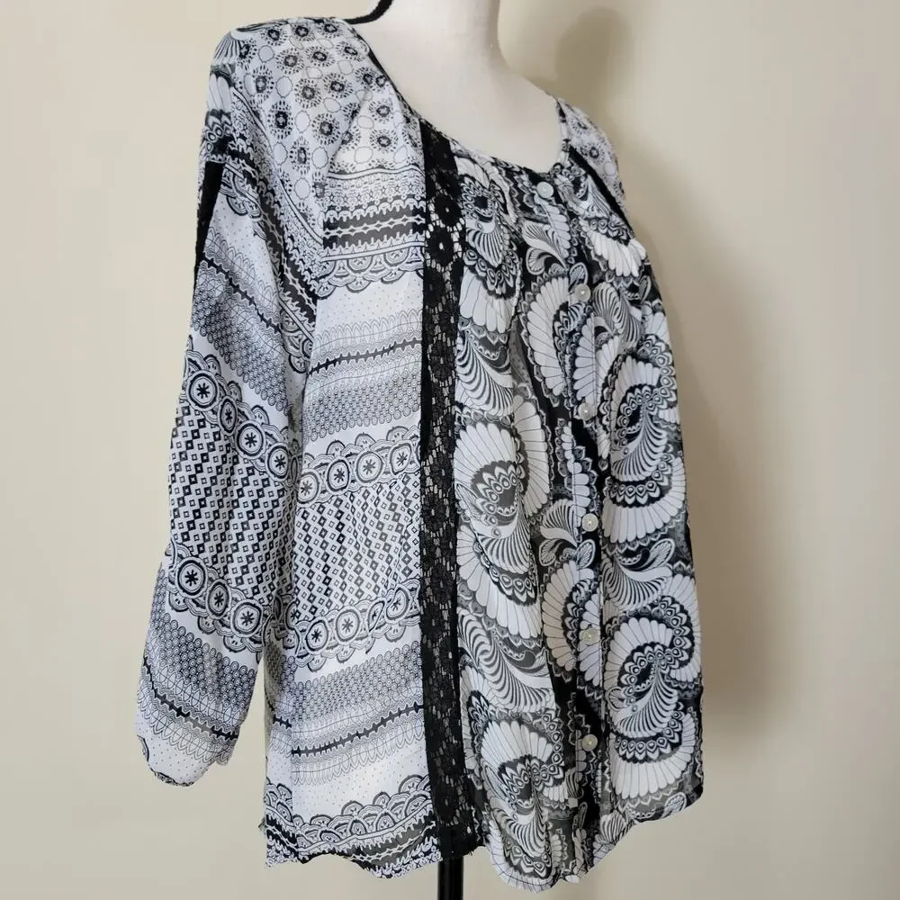 Valerie Stevens M Button Front 3/4 Raglan Sleeve Scoop Neck Lace Blouse Top - Picture 6 of 16